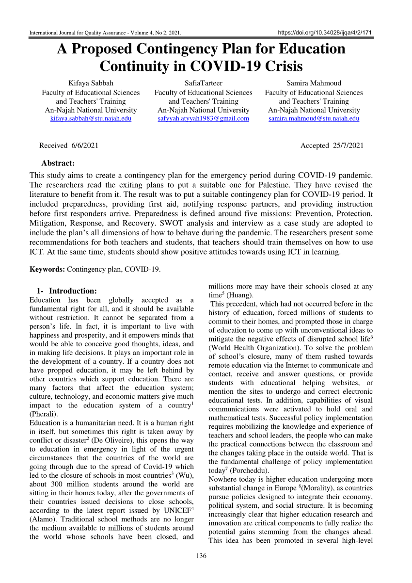  PDF A Proposed Contingency Plan For Education Continuity In COVID 19 