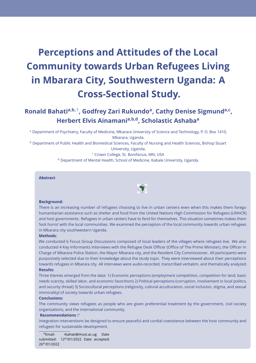 PDF) Perceptions and Attitudes of the Local Community towards Urban  Refugees Living in Mbarara City, Southwestern Uganda: A Cross-Sectional  Study