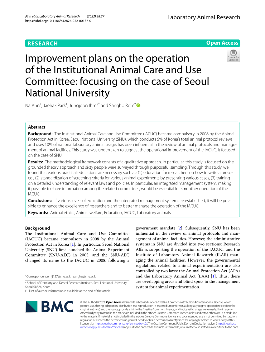 PDF) Improvement plans on the operation of the Institutional Animal Care  and Use Committee: focusing on the case of Seoul National University