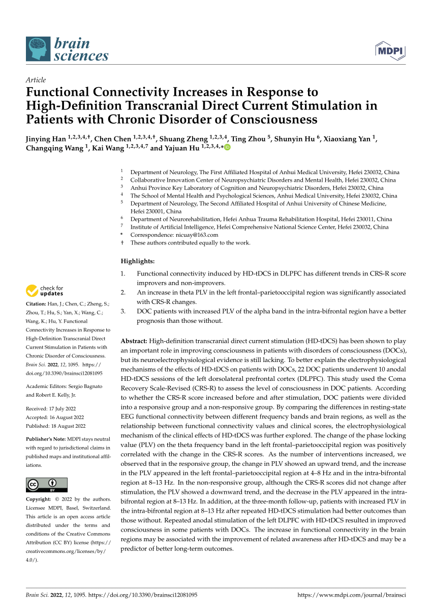 PDF) Functional Connectivity Increases in Response to High-Definition  Transcranial Direct Current Stimulation in Patients with Chronic Disorder  of Consciousness