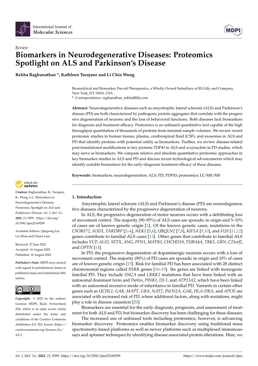 Pdf Biomarkers In Neurodegenerative Diseases Proteomics Spotlight On Als And Parkinsons Disease 