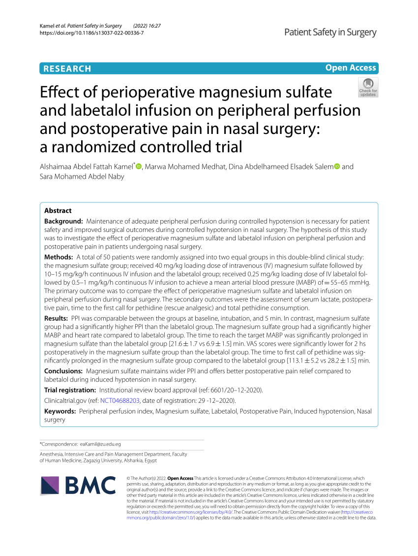 Effect of perioperative magnesium sulfate and labetalol infusion on  peripheral perfusion and postoperative pain in nasal surgery: a randomized  controlled trial, Patient Safety in Surgery