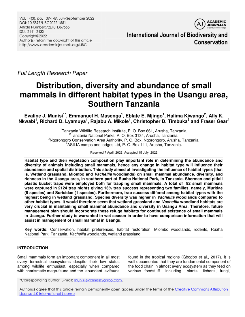 (PDF) Distribution, diversity and abundance of small mammals in