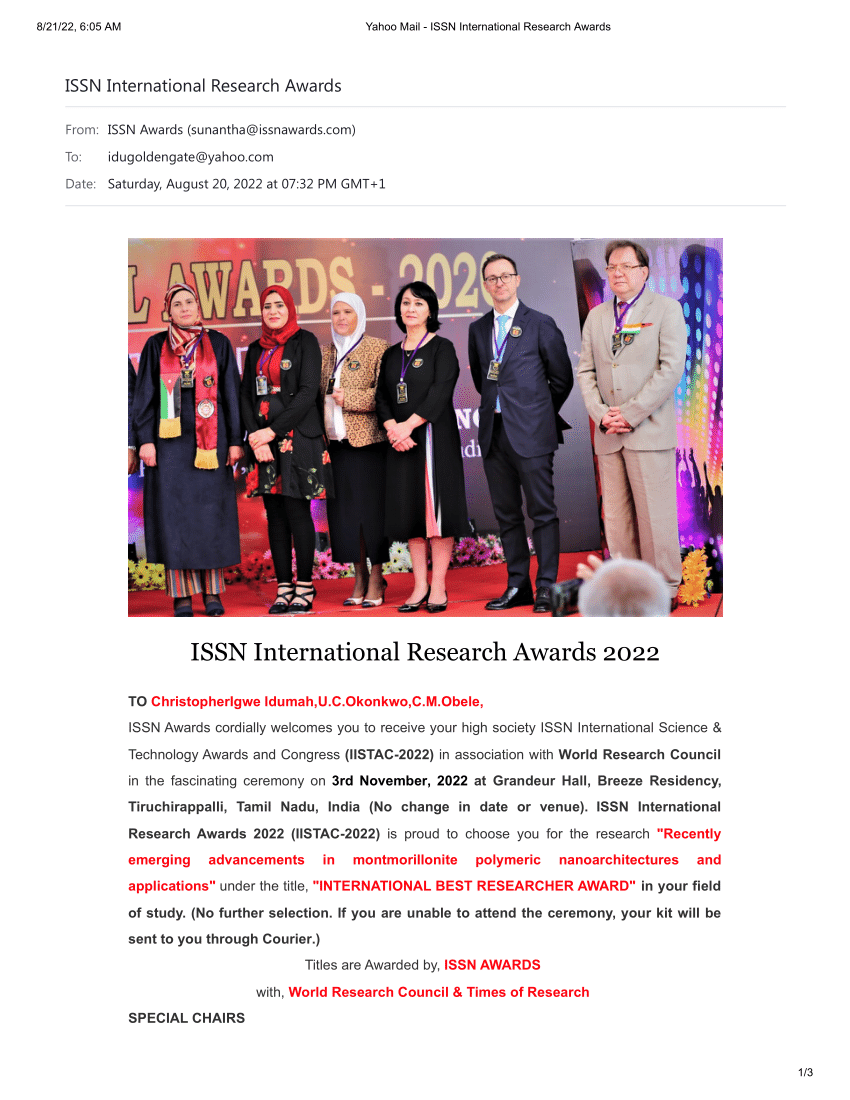 (PDF) ISSN International Research Awards I am happy to be awarded