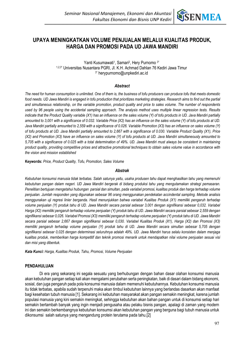 Pdf Upaya Meningkatkan Volume Penjualan Melalui Kualitas Produk Harga Dan Promosi Pada Ud 7317