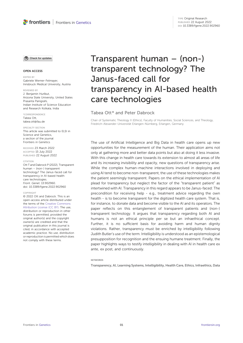 Frontiers  Transparent human – (non-) transparent technology? The  Janus-faced call for transparency in AI-based health care technologies