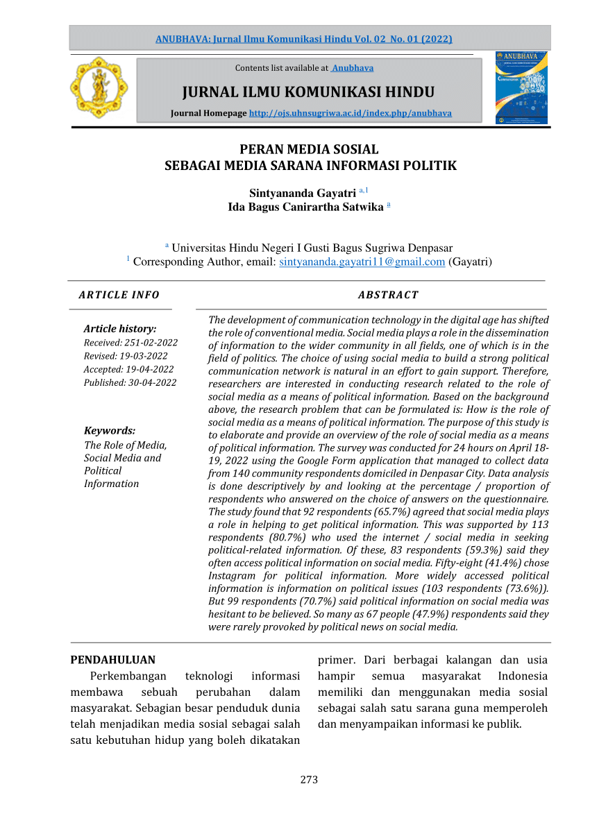 Pdf Peran Media Sosial Sebagai Media Sarana Informasi Politik