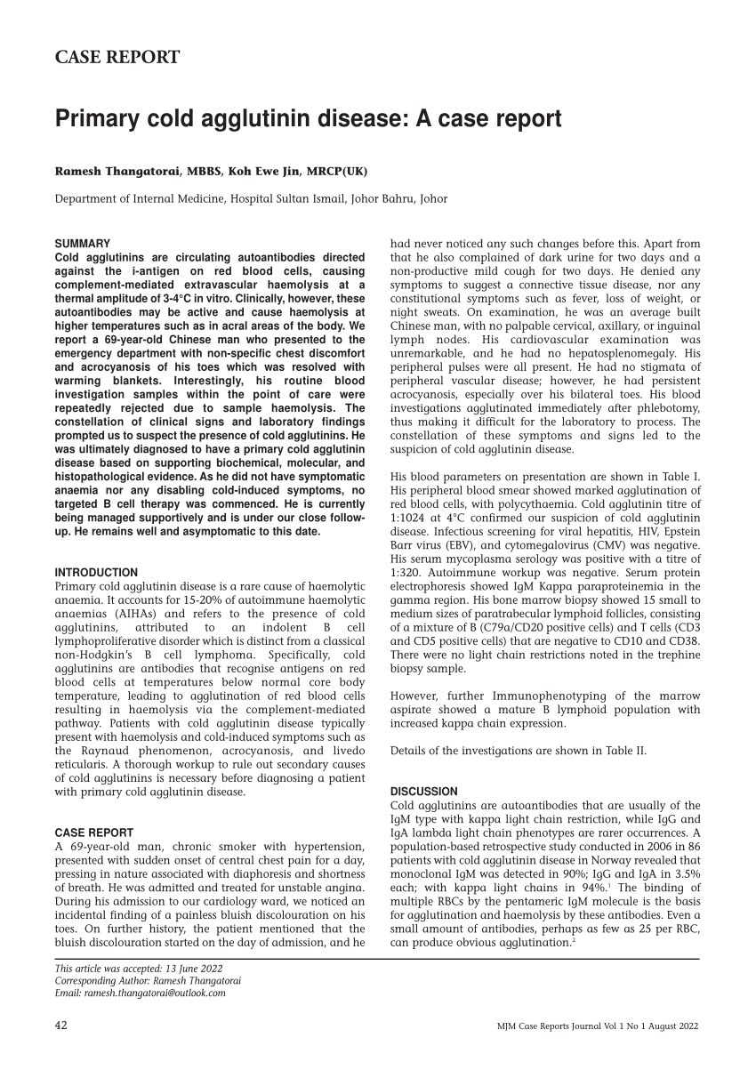 Pdf Primary Cold Agglutinin Disease A Case Report