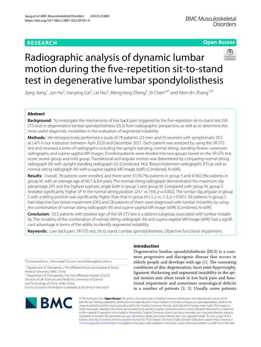 PDF) Radiographic analysis of dynamic lumbar motion during the  five-repetition sit-to-stand test in degenerative lumbar spondylolisthesis