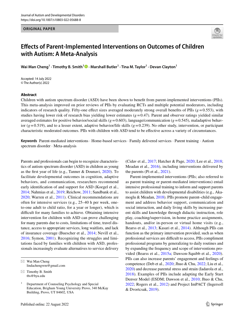 PDF) Effects of Parent-Implemented Interventions on Outcomes of