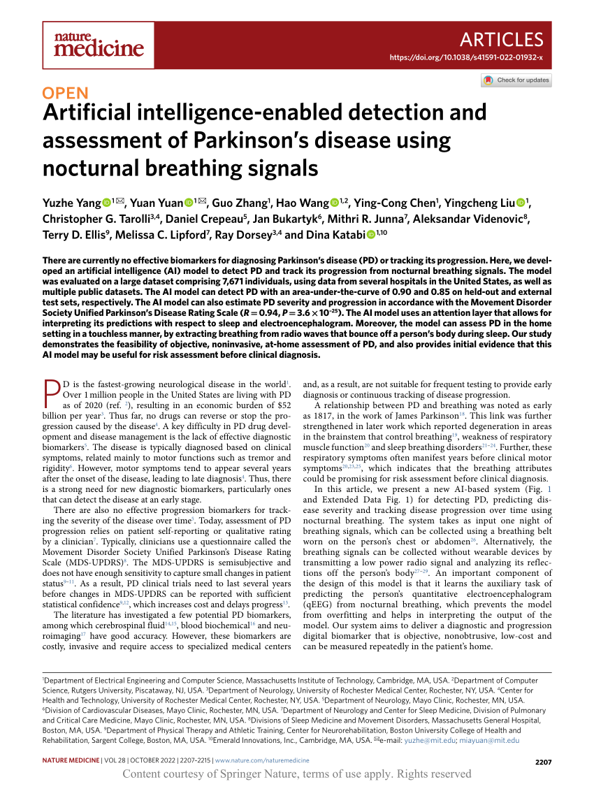 (PDF) Artificial intelligence-enabled detection and assessment of Parkinson's  disease using nocturnal breathing signals