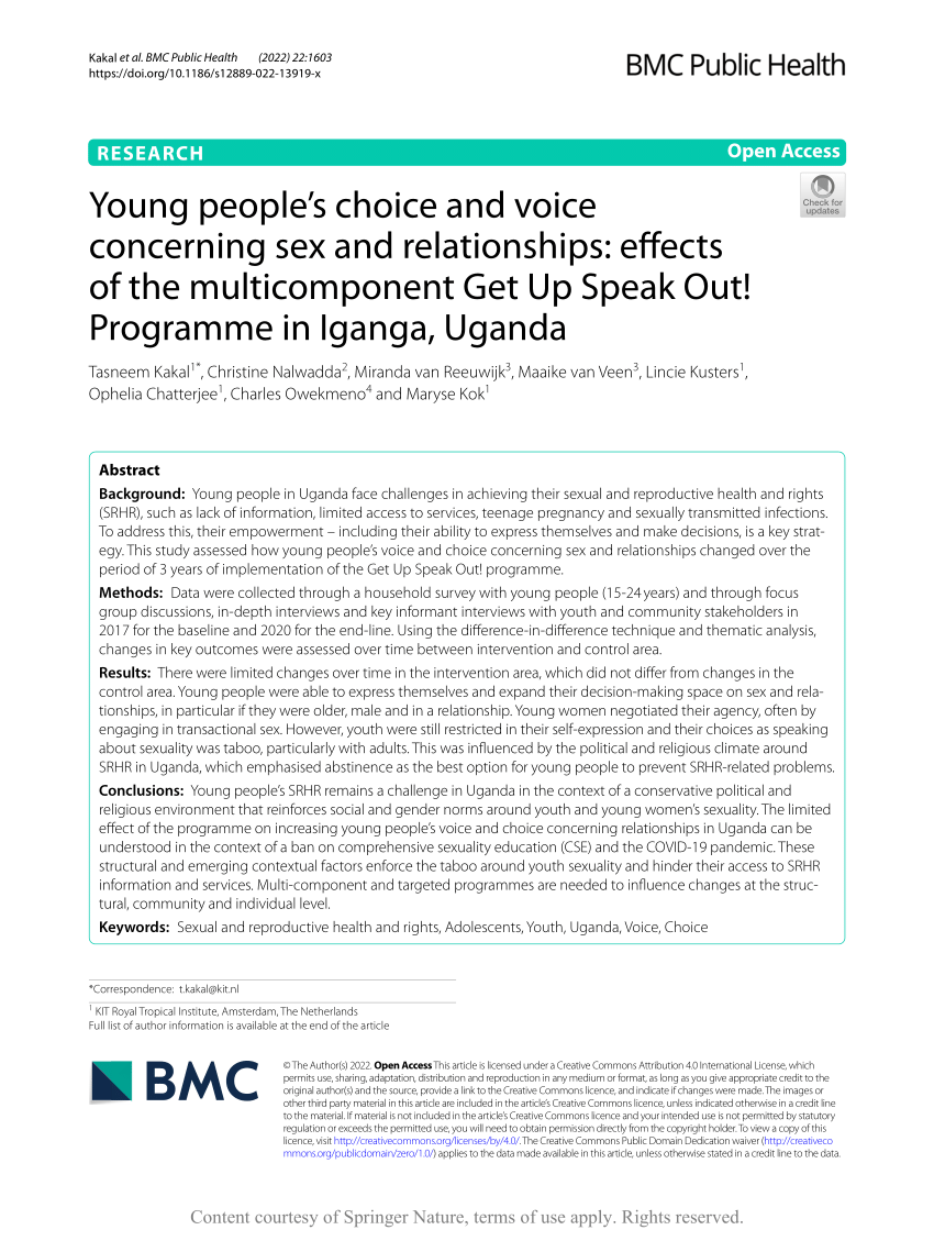 PDF) Young peoples choice and voice concerning sex and relationships effects of the multicomponent Get Up Speak Out! Programme in Iganga, Uganda