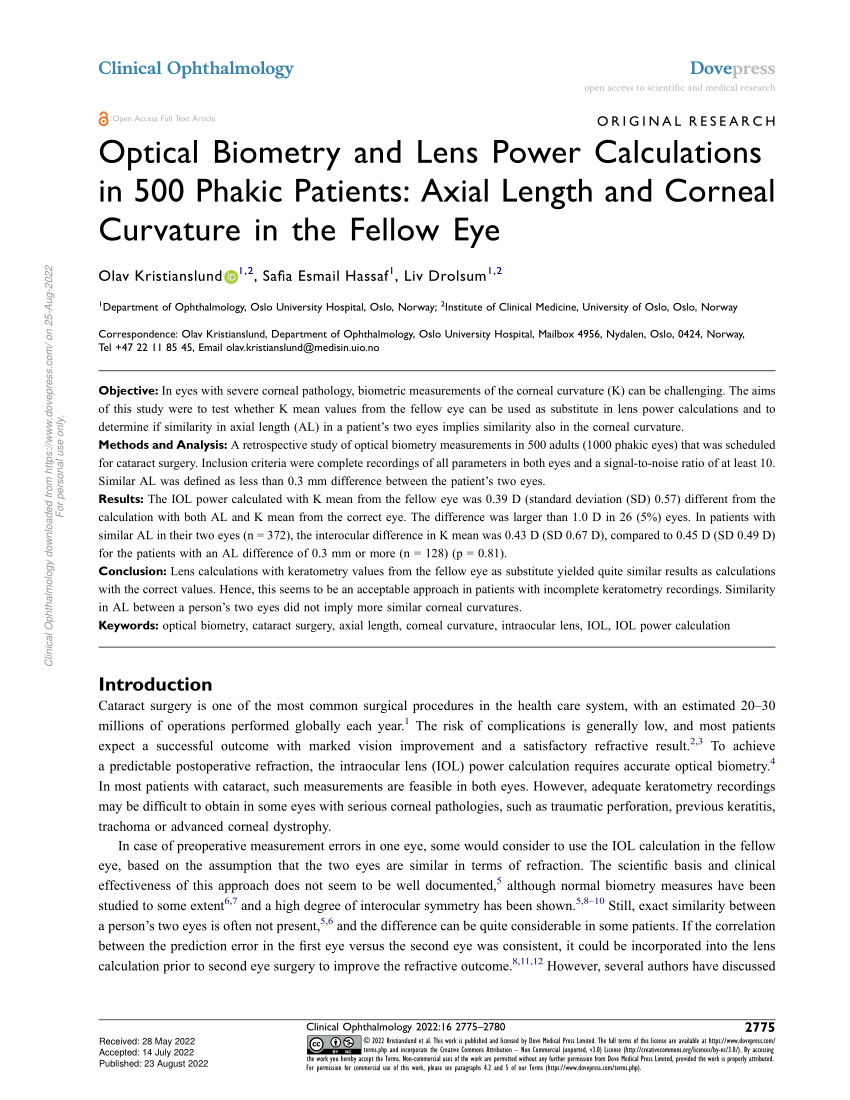 (PDF) Optical Biometry and Lens Power Calculations in 500 Phakic ...
