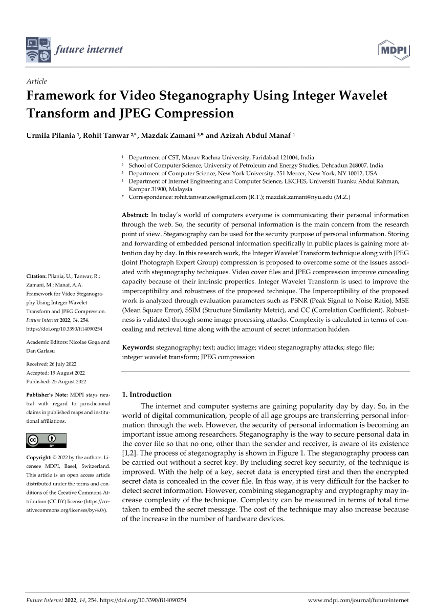 PDF) Framework for Video Steganography Using Integer Wavelet