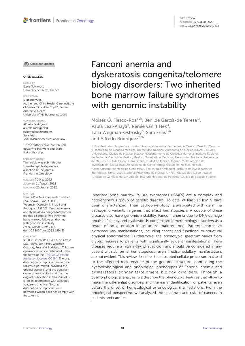 Pdf Fanconi Anemia And Dyskeratosis Congenitatelomere Biology Disorders Two Inherited Bone 6396