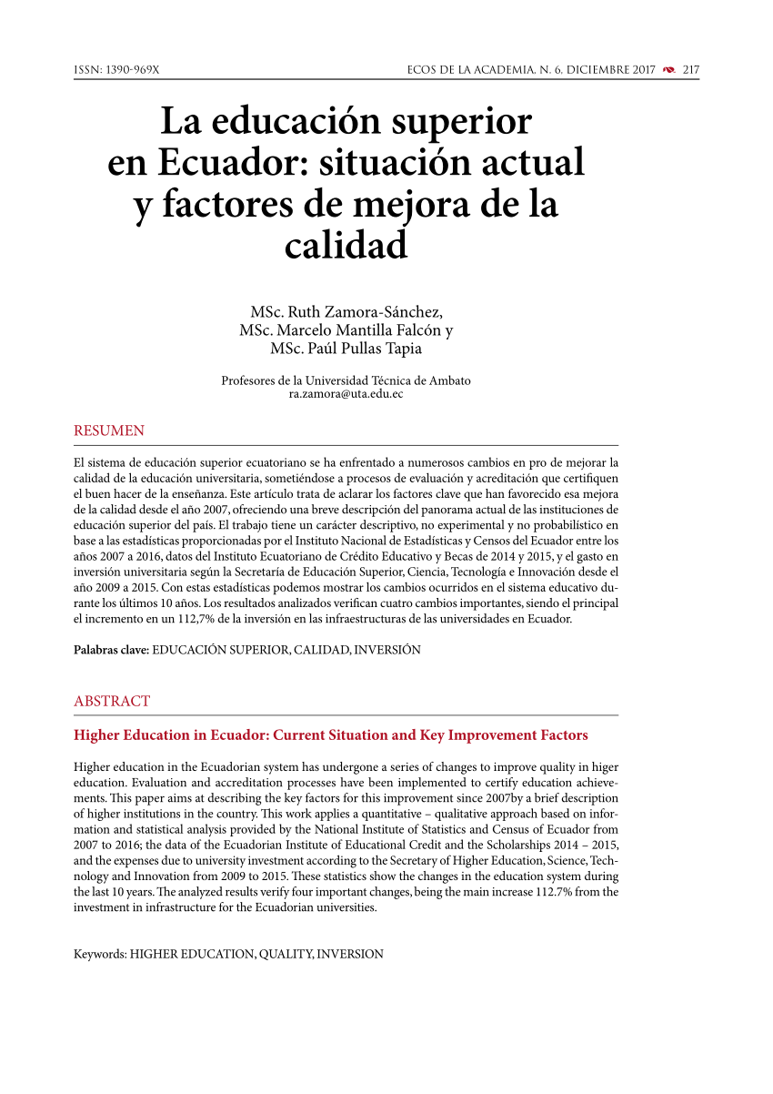 Pdf La Educación Superior En Ecuador Situación Actual Y Factores De Mejora De La Calidad 2074