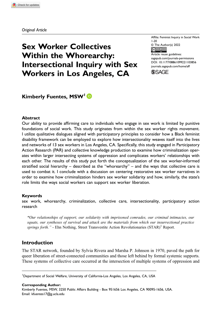 Pdf Sex Worker Collectives Within The Whorearchy Intersectional Inquiry With Sex Workers In 1226