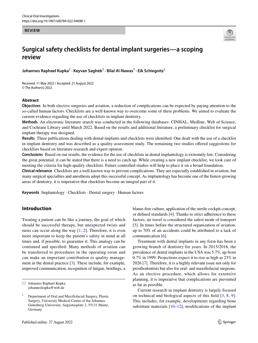 (PDF) Surgical safety checklists for dental implant surgeries—a scoping