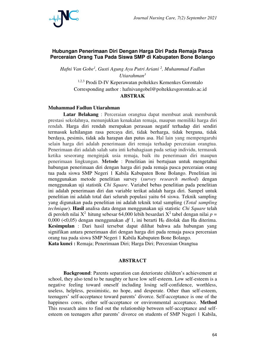 Pdf Hubungan Penerimaan Diri Dengan Harga Diri Pada Remaja Pasca Perceraian Orang Tua Pada 1649