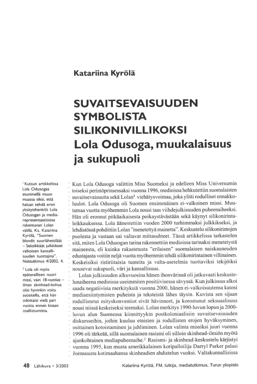 PDF) Suvaitsevaisuuden symbolista silikonivillikoksi Lola Odusoga, muukalaisuus ja sukupuoli