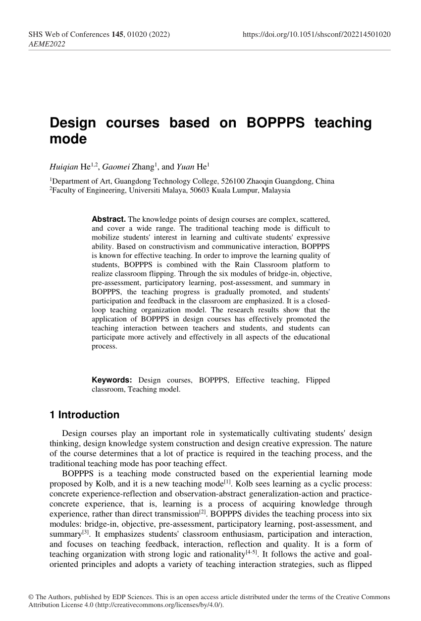 Pdf Design Courses Based On Boppps Teaching Mode