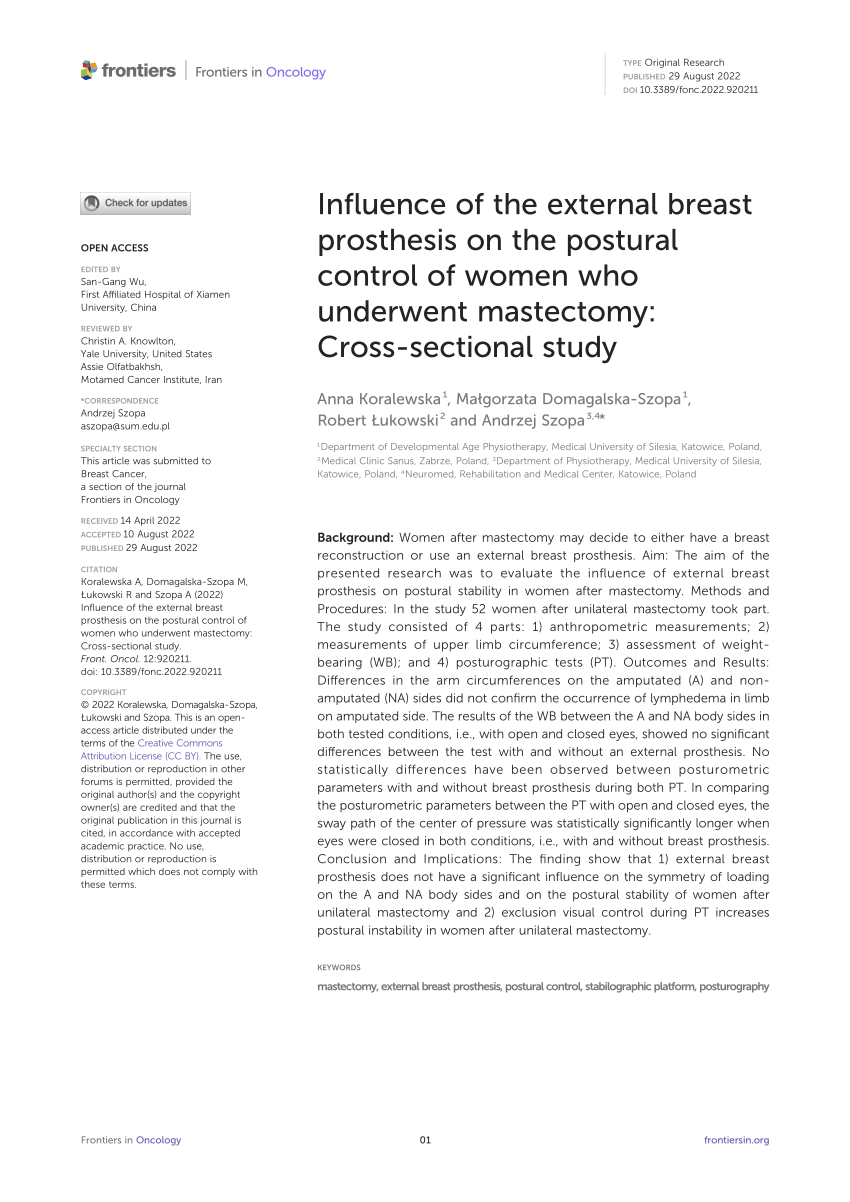 Pdf Influence Of The External Breast Prosthesis On The Postural Control Of Women Who Underwent 7419