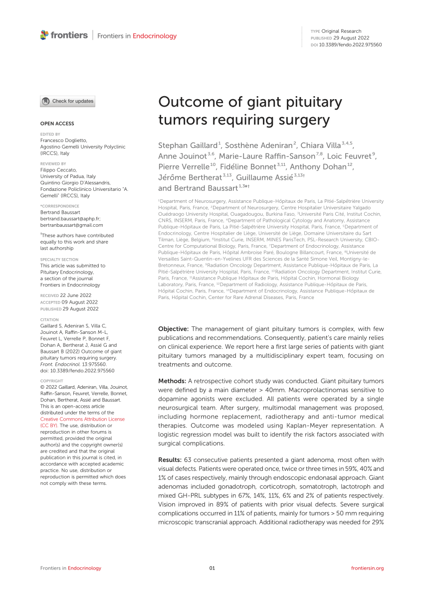 Frontiers  Outcome of giant pituitary tumors requiring surgery