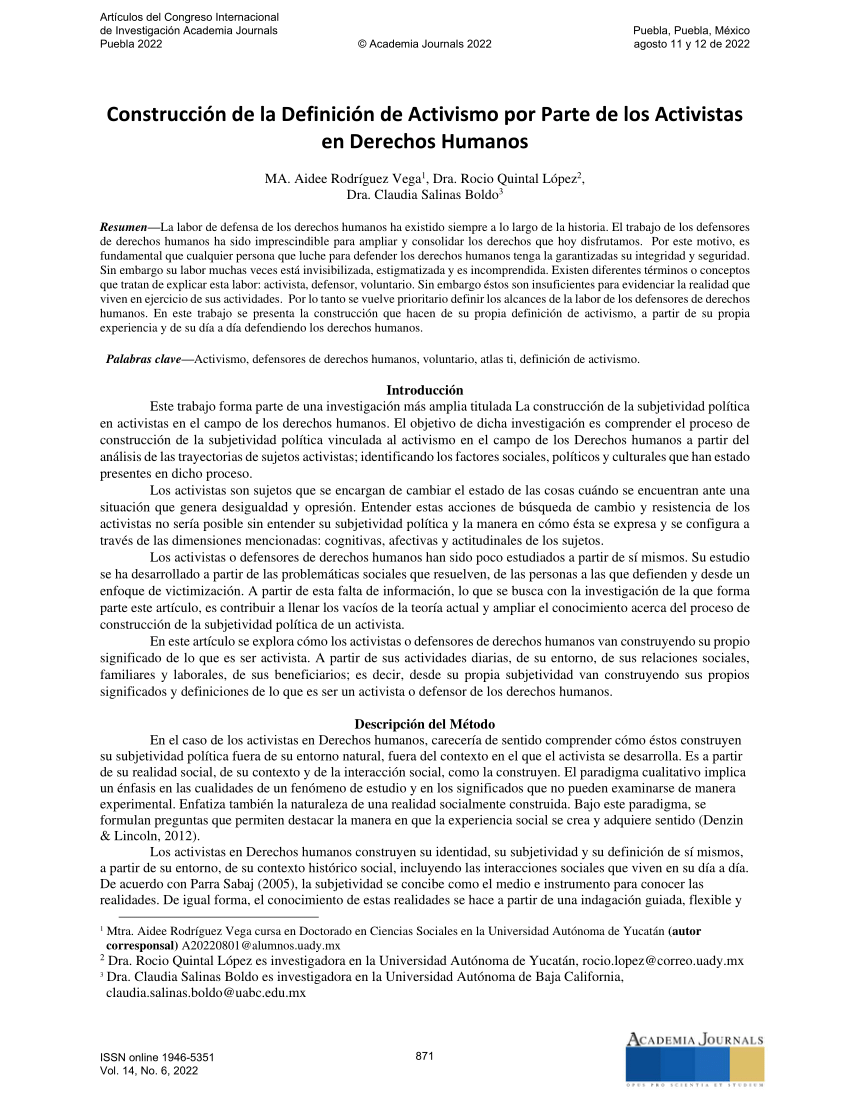 Pdf Construcción De La Definición De Activismo Por Parte De Los Activistas En Derechos Humanos 