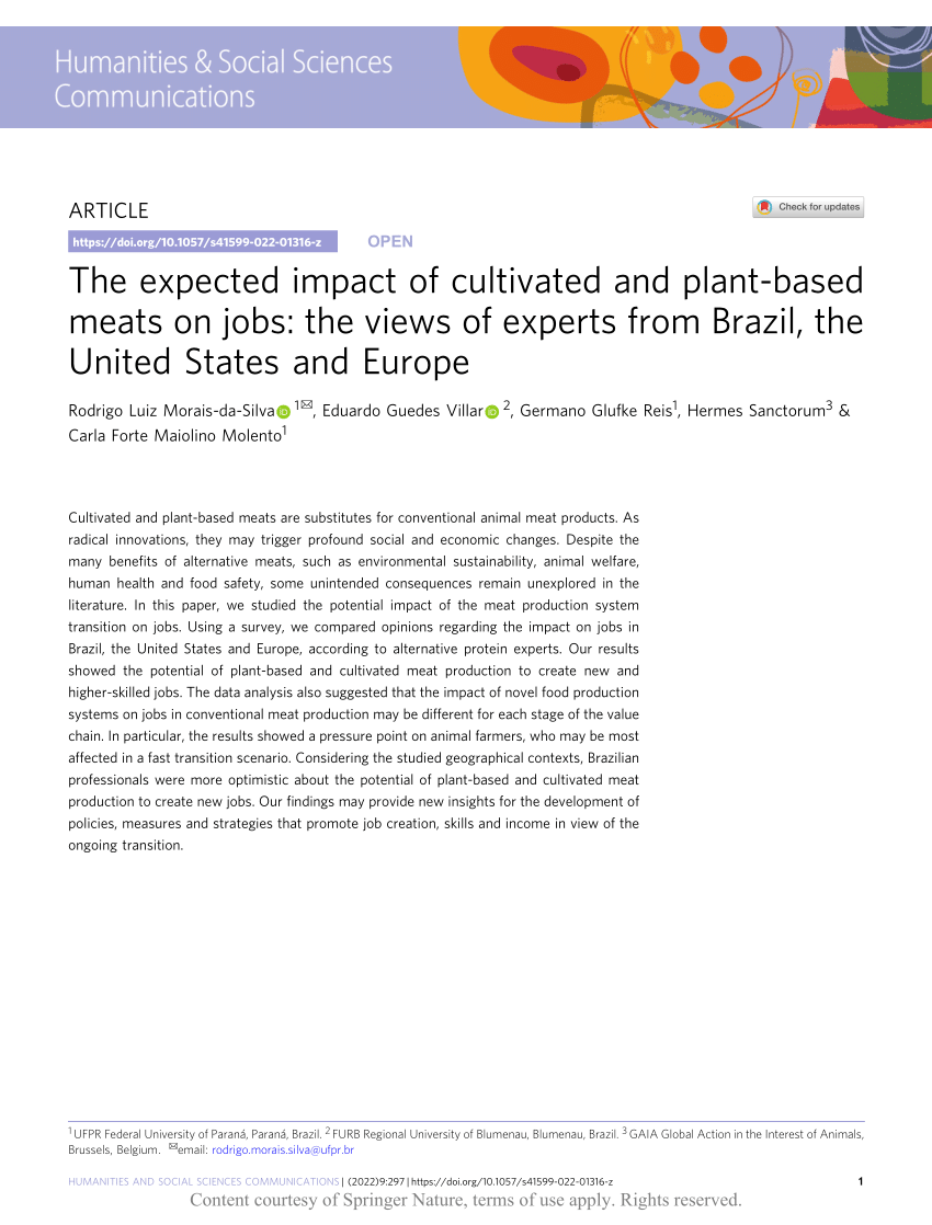 PDF) The expected impact of cultivated and plant-based meats on jobs: the  views of experts from Brazil, the United States and Europe