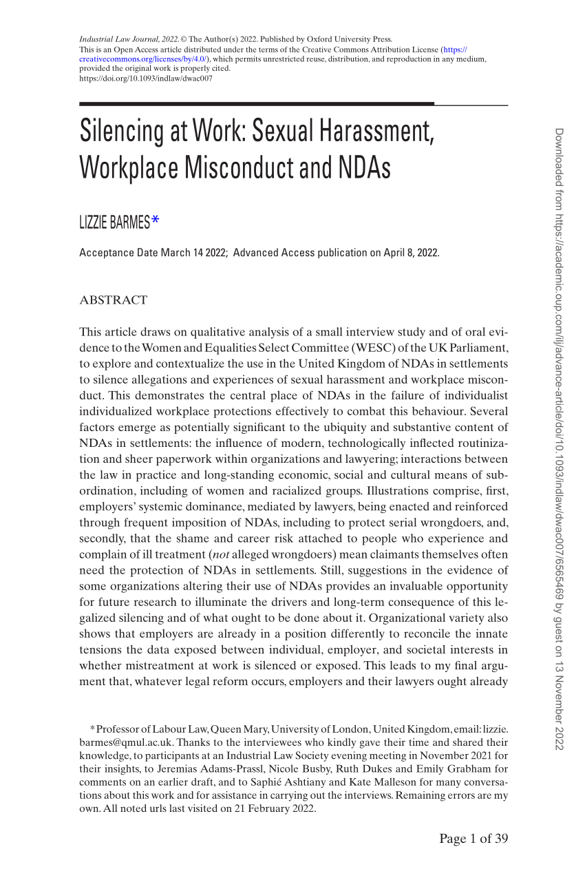 Pdf Silencing At Work Sexual Harassment Workplace Misconduct And Ndas 2737