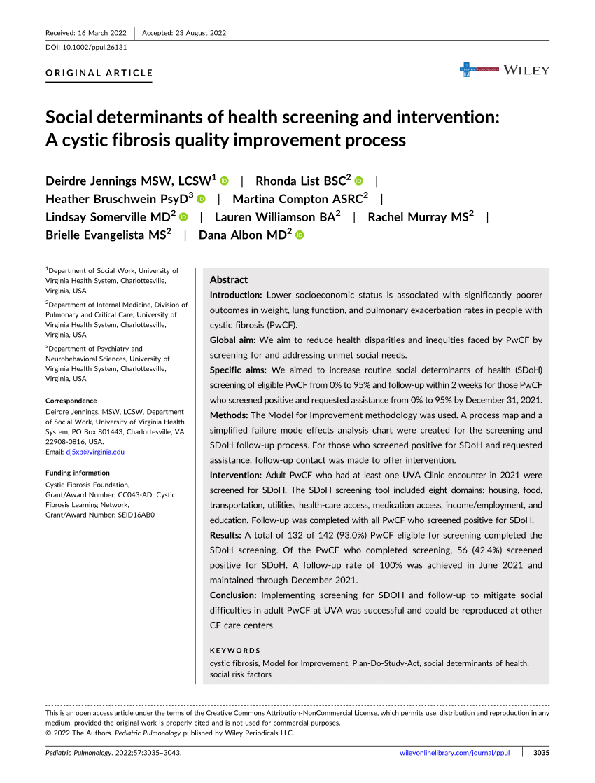 Pdf Social Determinants Of Health Screening And Intervention A Cystic Fibrosis Quality 5437