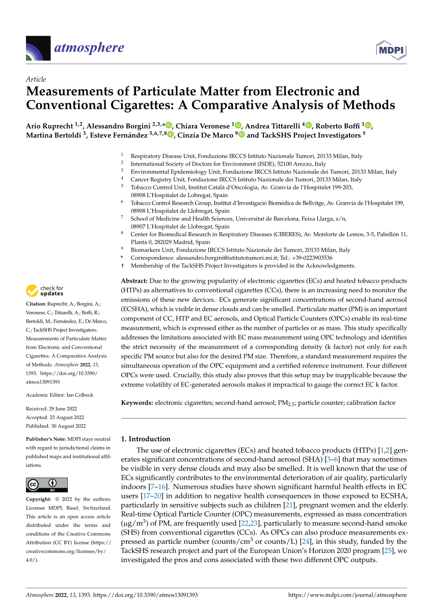 PDF) Measurements of Particulate Matter from Electronic and Conventional  Cigarettes: A Comparative Analysis of Methods
