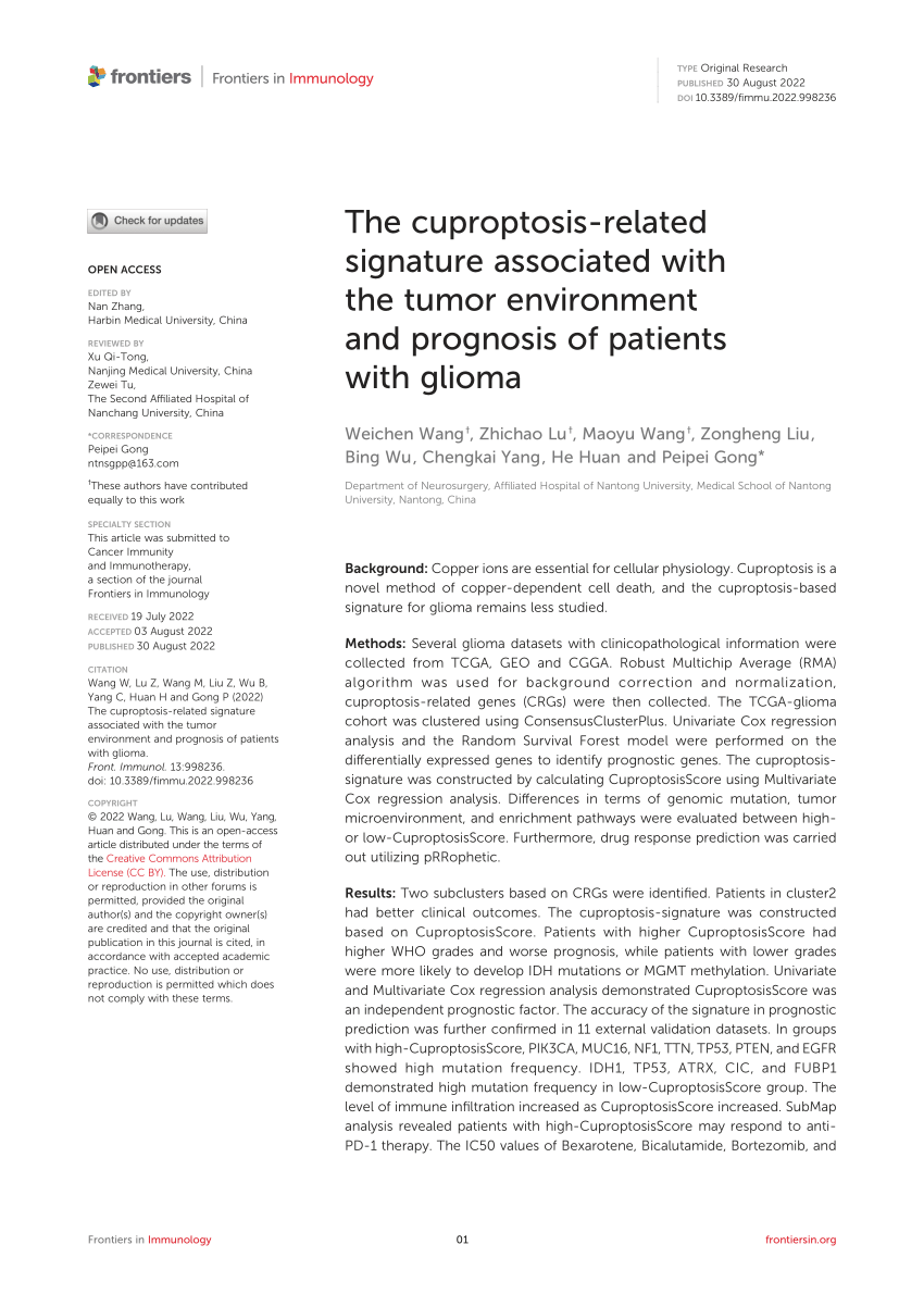 Pdf The Cuproptosis Related Signature Associated With The Tumor Environment And Prognosis Of