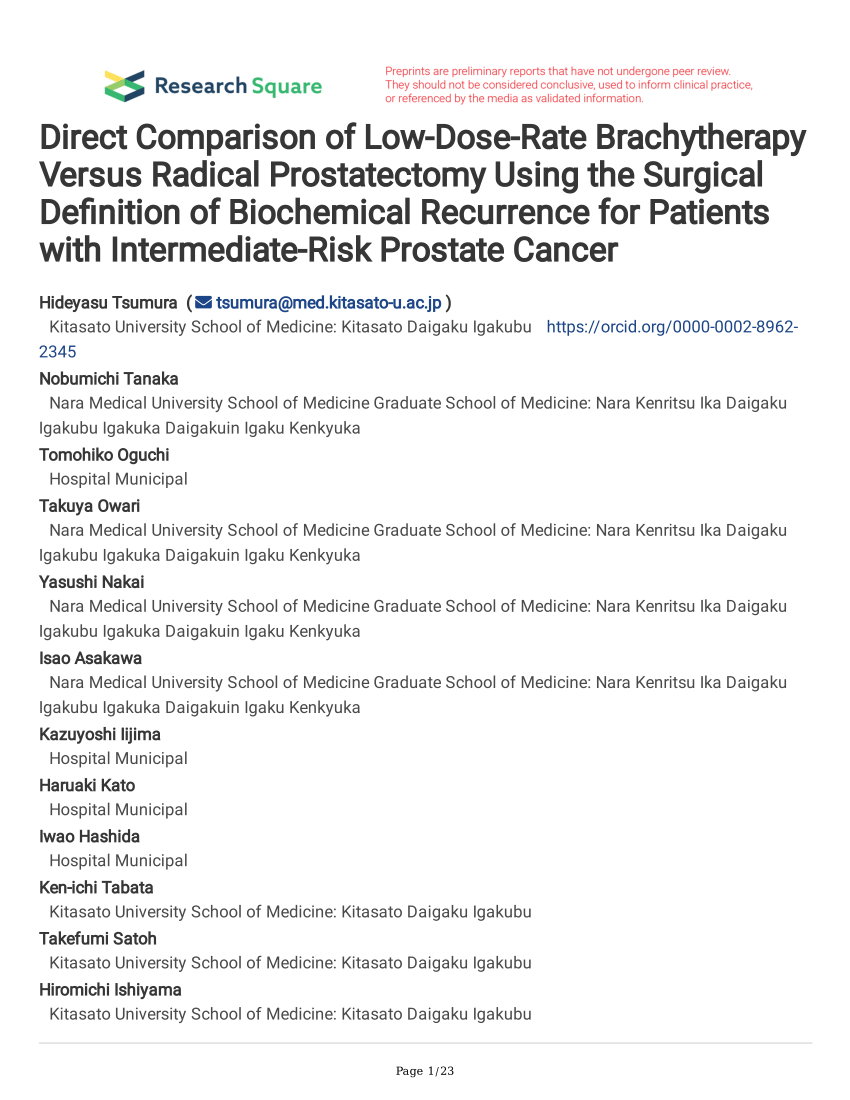 Pdf Direct Comparison Of Low Dose Rate Brachytherapy Versus Radical Prostatectomy Using The
