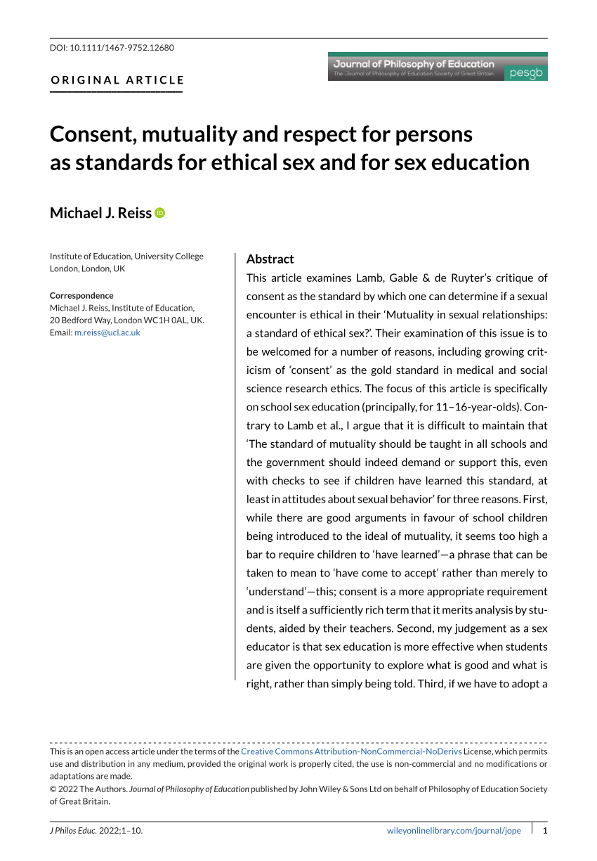 Pdf Consent Mutuality And Respect For Persons As Standards For Ethical Sex And For Sex Education 5649