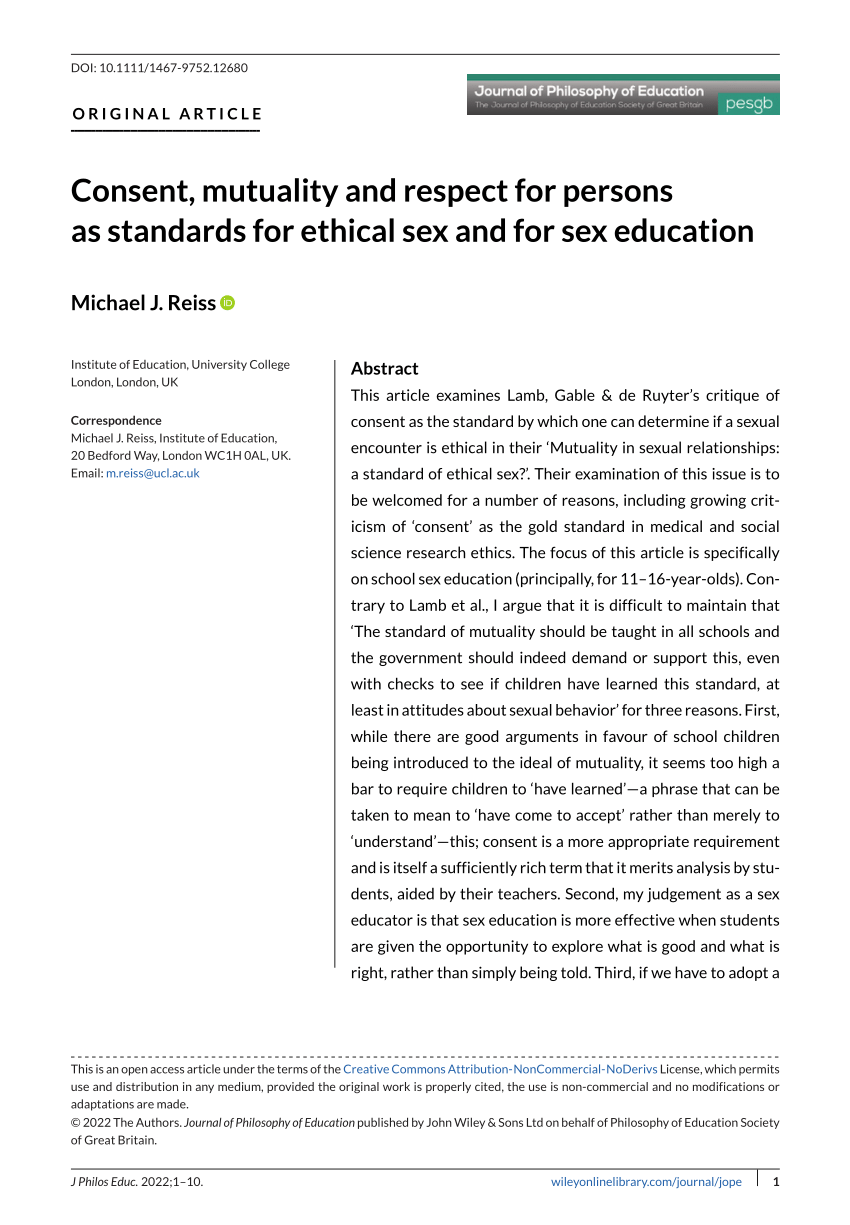 Pdf Consent Mutuality And Respect For Persons As Standards For Ethical Sex And For Sex Education 4779