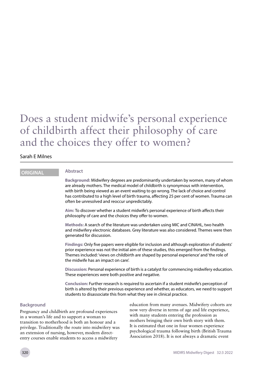 PDF) Does a student midwifes personal experience of childbirth affect their philosophy of care and the choices they offer to women?