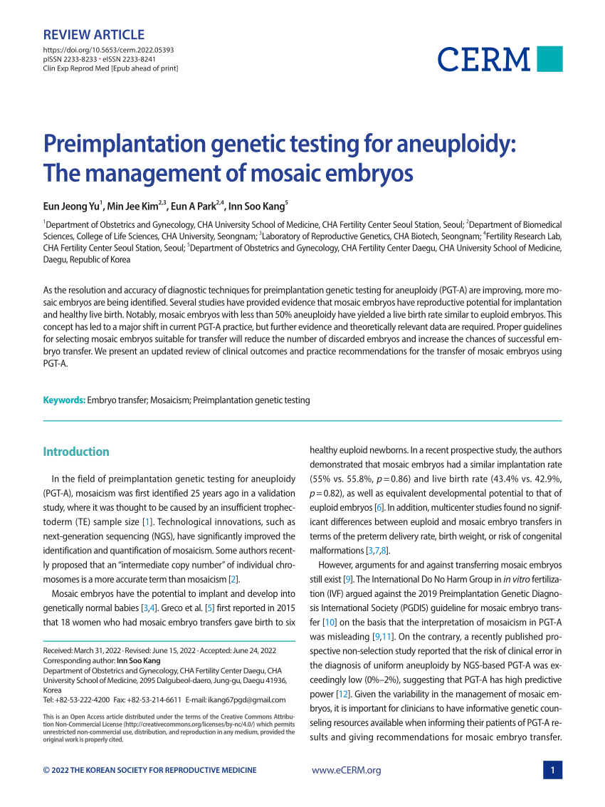 Pdf Preimplantation Genetic Testing For Aneuploidy The Management Of Mosaic Embryos 5019