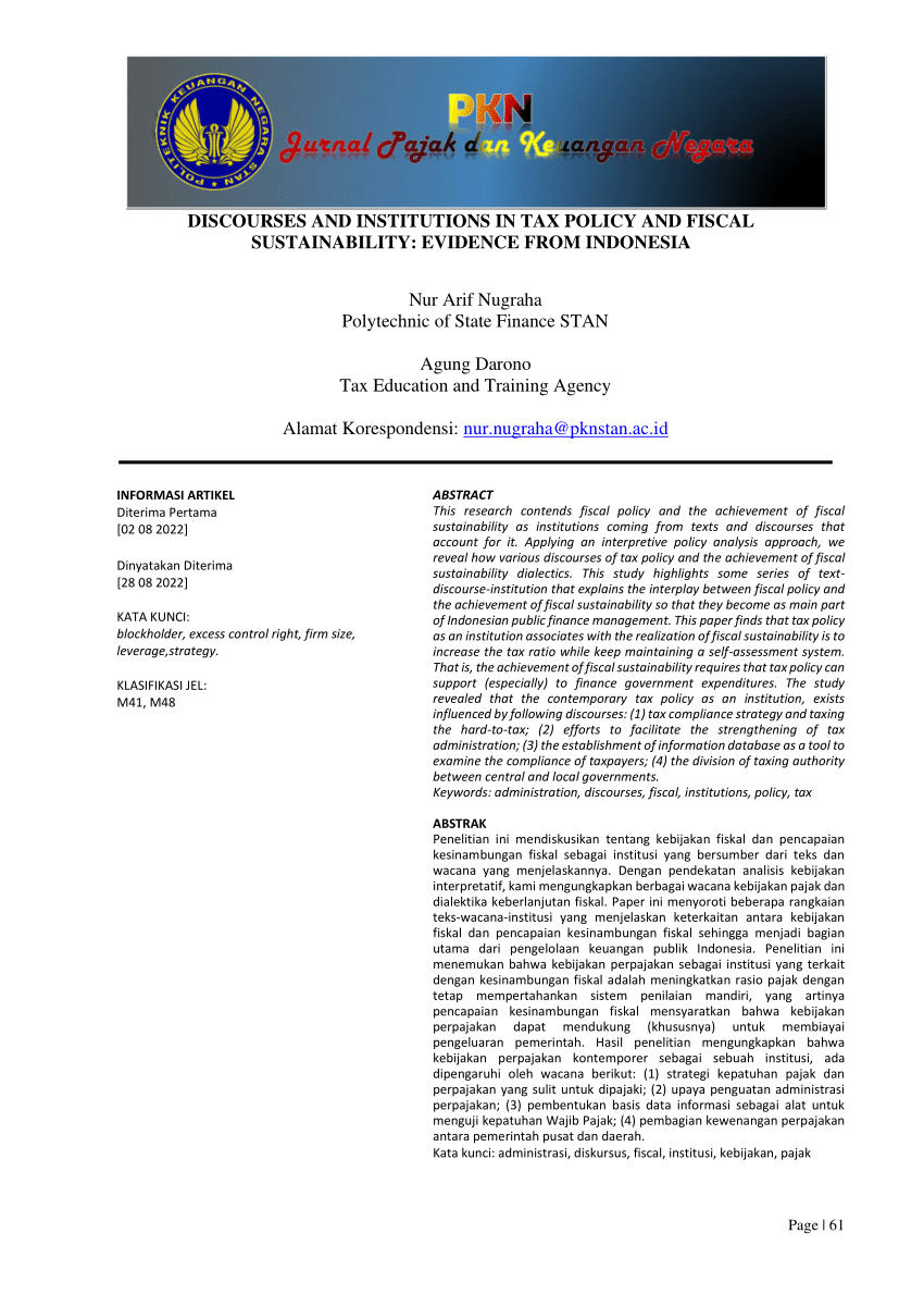 Pdf Discourses And Institutions In Tax Policy And Fiscal Sustainability Evidence From Indonesia 