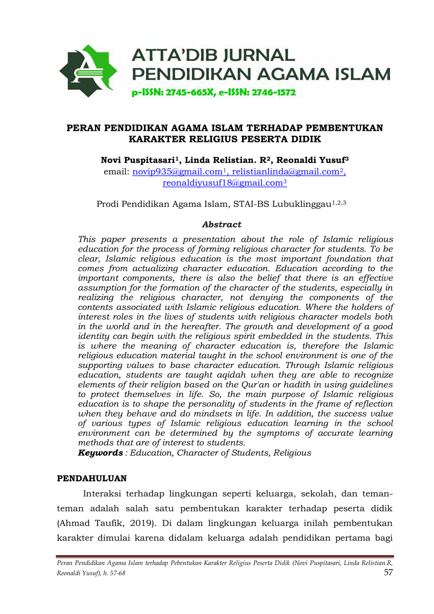 (PDF) PERAN PENDIDIKAN AGAMA ISLAM TERHADAP PEMBENTUKAN KARAKTER