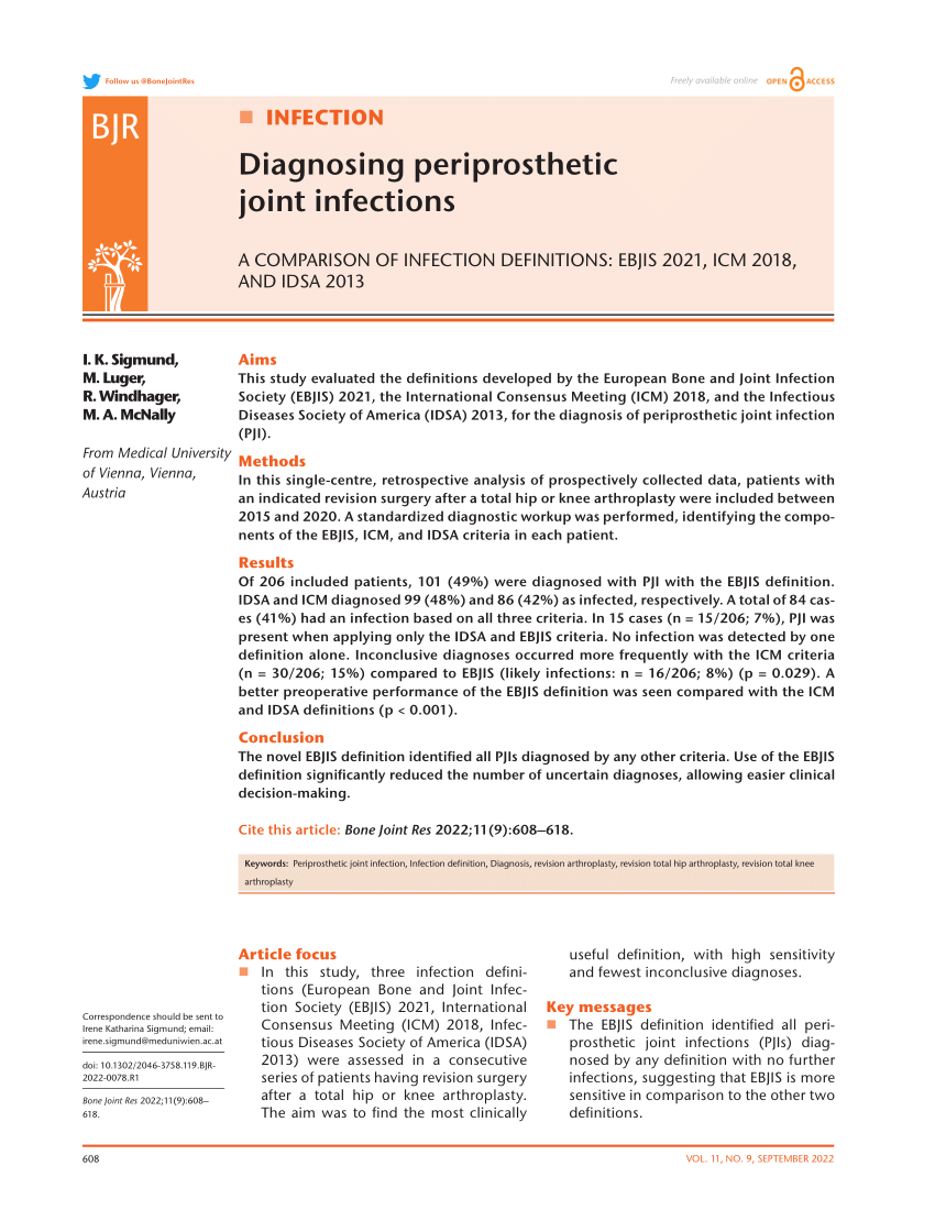 Pdf Diagnosing Periprosthetic Joint Infections A Comparison Of Infection Definitions Ebjis 7304