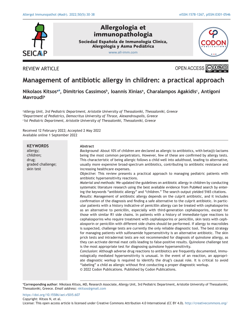 Pdf Management Of Antibiotic Allergy In Children A Practical Approach