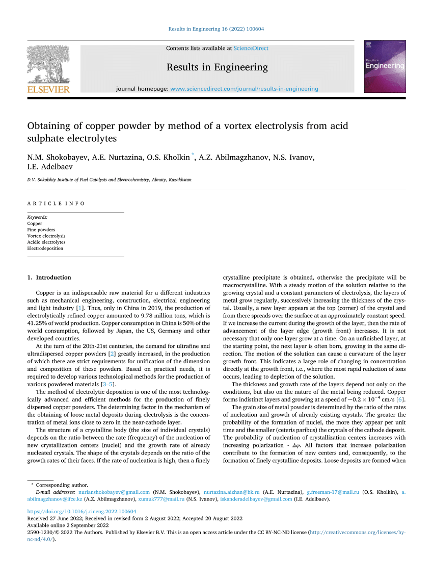 Preparation of fine copper powders by galvanostatic regime of electrolysis  of copper scrap in a cylindrical electrochemical cell - ScienceDirect