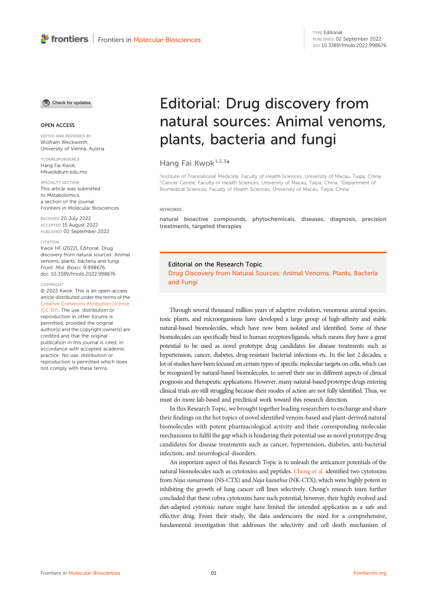 (PDF) Editorial: Drug discovery from natural sources: Animal venoms