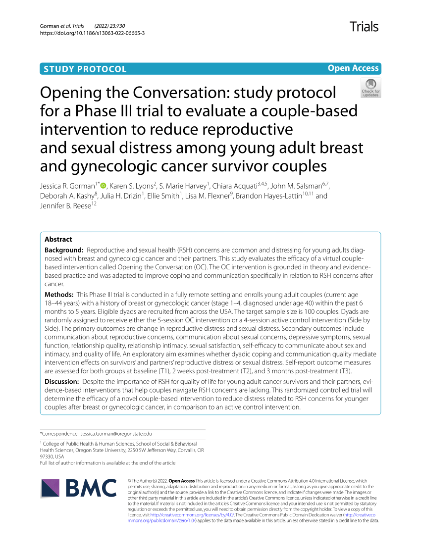 PDF) Opening the Conversation study protocol for a Phase III trial to evaluate a couple-based intervention to reduce reproductive and sexual distress among young adult breast and gynecologic cancer survivor couples