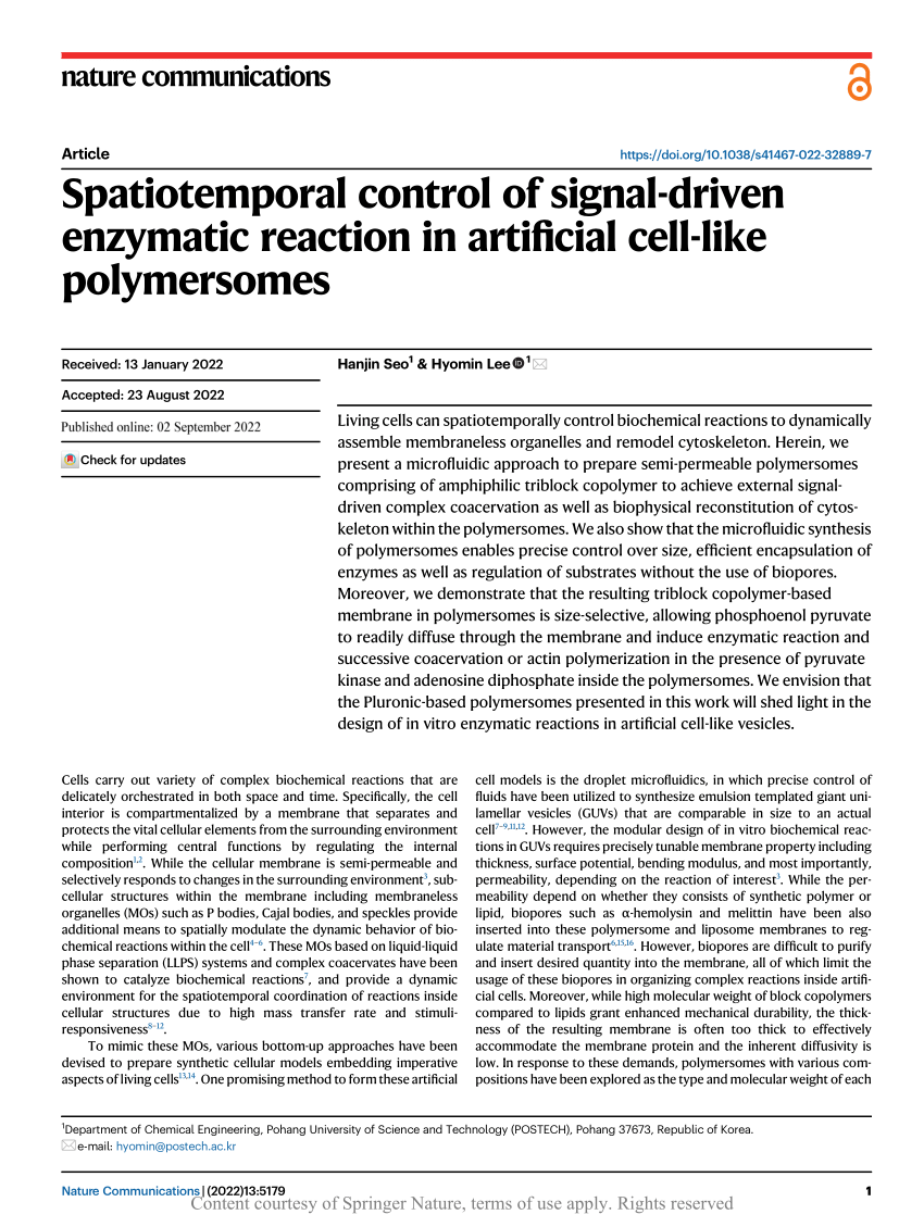 Pdf Spatiotemporal Control Of Signal Driven Enzymatic Reaction In Artificial Cell Like Polymersomes