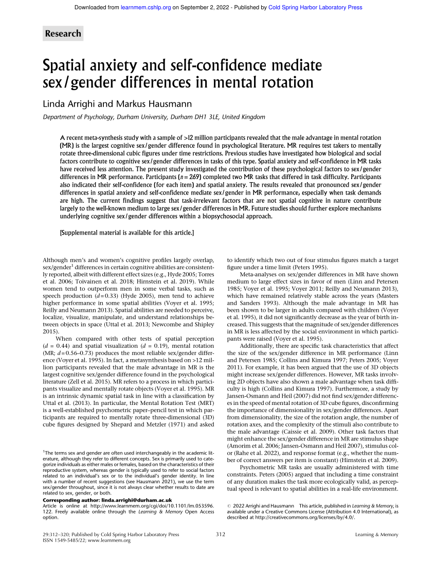 Pdf Spatial Anxiety And Self Confidence Mediate Sexgender Differences In Mental Rotation 2207