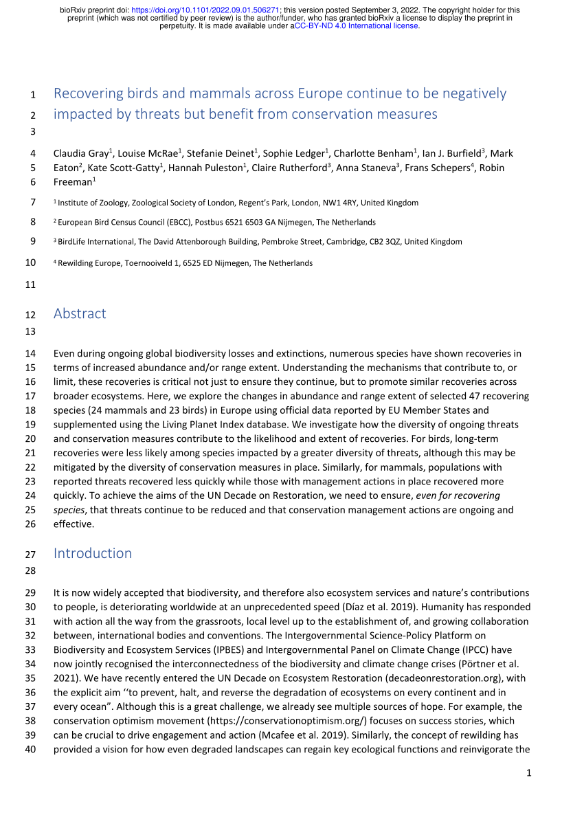 (PDF) Recovering birds and mammals across Europe continue to be