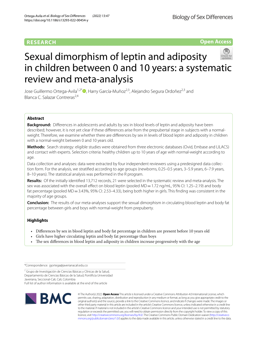 PDF) Sexual dimorphism of leptin and adiposity in children between 0 and 10  years: a systematic review and meta-analysis