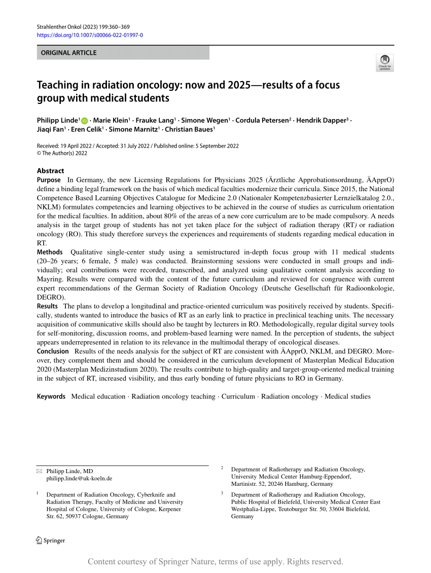 (PDF) Teaching in radiation oncology now and 2025—results of a focus